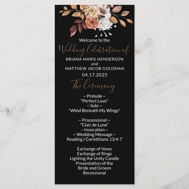 Fall Floral Bouquet Black Wedding Program (Front)