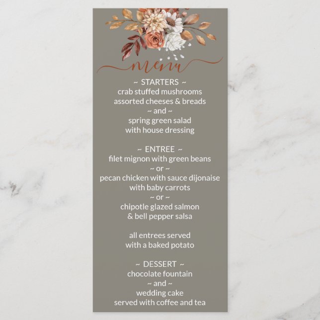 Fall Floral Bouquet Grey Wedding Menu (Front)