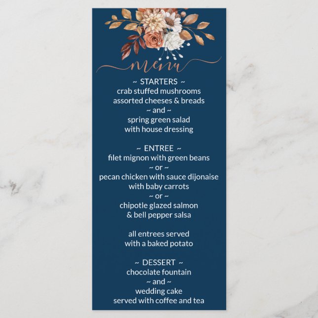 Fall Floral Bouquet Navy Blue Wedding Menu (Front)