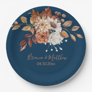 Fall Floral Bouquet Navy Blue Wedding Paper Plates