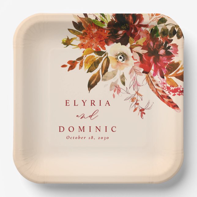 Fall Floral Bouquet Over Blushed Ivory Wedding Paper Plate (Front)