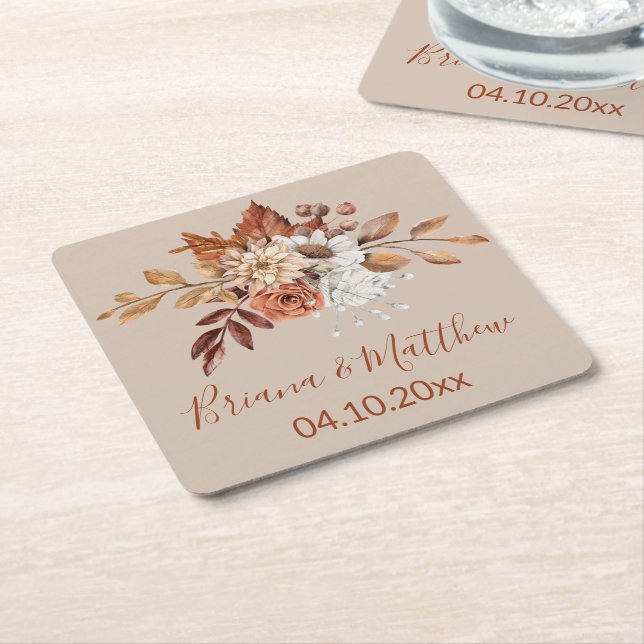 Fall Floral Bouquet Taupe Square Paper Coaster (Angled)