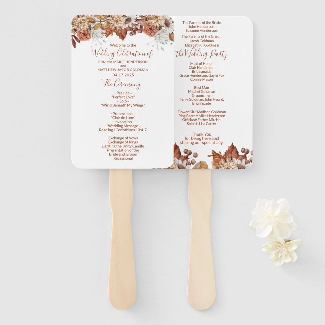 Fall Floral Bouquet White Wedding Hand Fan (Front and Back)