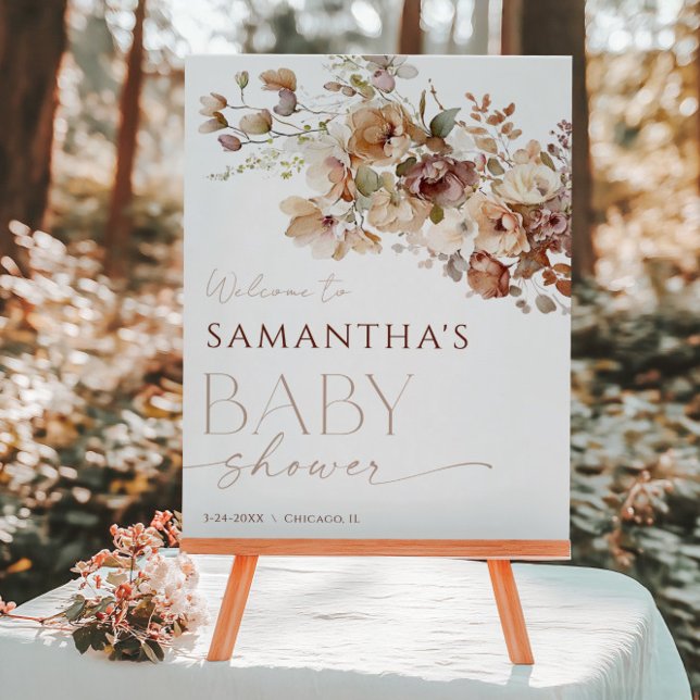Fall floral brown neutral baby shower welcome poster (Creator Uploaded)