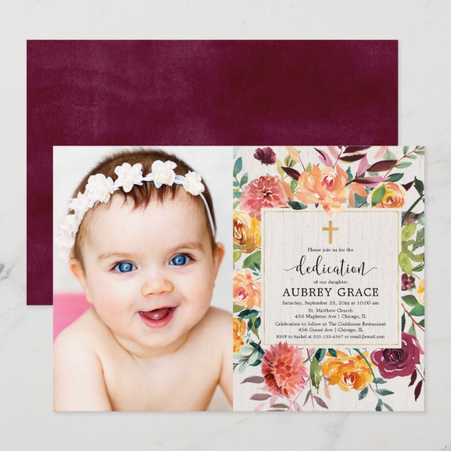 Fall floral burgundy blush dedication photo invitation (Front/Back)
