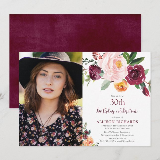 Fall floral burgundy blush pink birthday photo invitation (Front/Back)