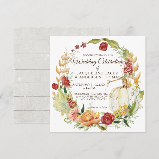 Fall Floral Burgundy White Pumpkin Wreath Wedding Invitation (Front/Back)