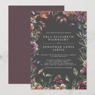 Fall Floral Burst Frame Moody Warm Tones Wedding Invitation