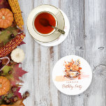 Fall Floral Cottage Core Teacup Birthday Tea Party Round Paper Coaster<br><div class="desc">Immerse yourself in the cozy elegance of autumn with our "Fall Floral Cottage Core Teacup Birthday Tea Party" design collection. This charming illustration features a delicate white teacup adorned with a graceful leaf pattern, gracefully resting on a matching saucer. Surrounding this centerpiece is a vibrant fall bouquet, bursting with apricot...</div>