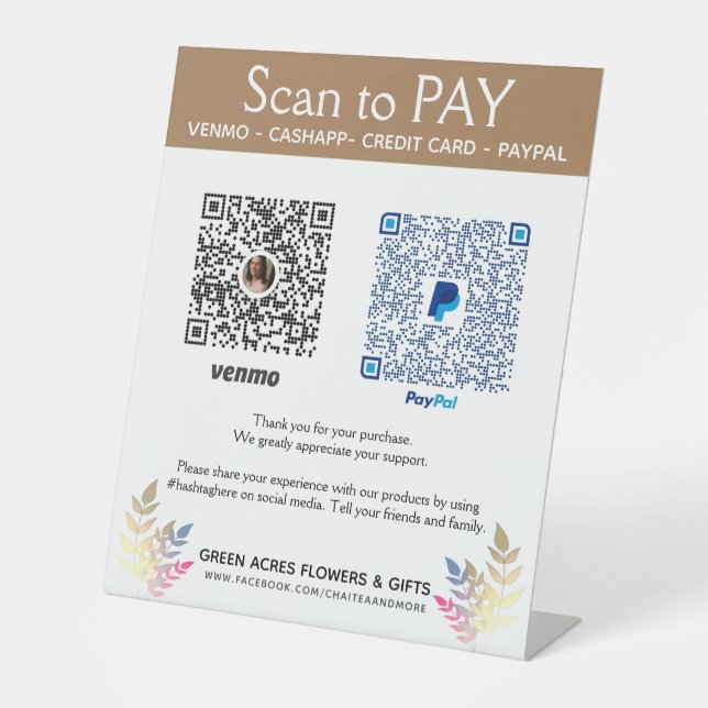 Fall Floral Craft Venmo Pay Here Pedestal Sign (Front)