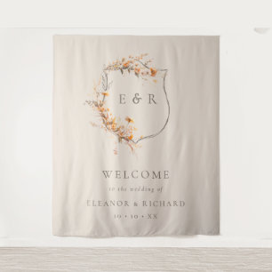  Fall Floral Crest Monogram Wedding Welcome Tapestry