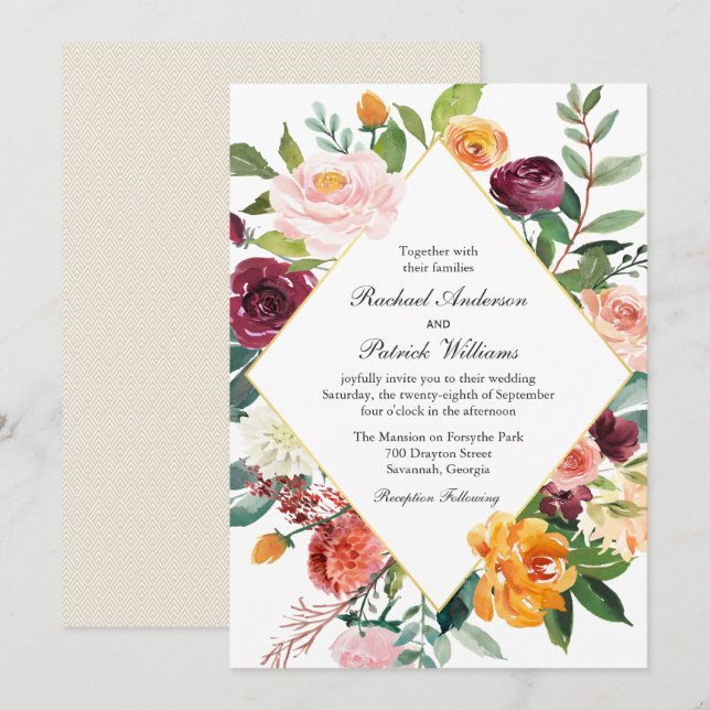 Fall Floral Diamond Frame Wedding Invitation (Front/Back)
