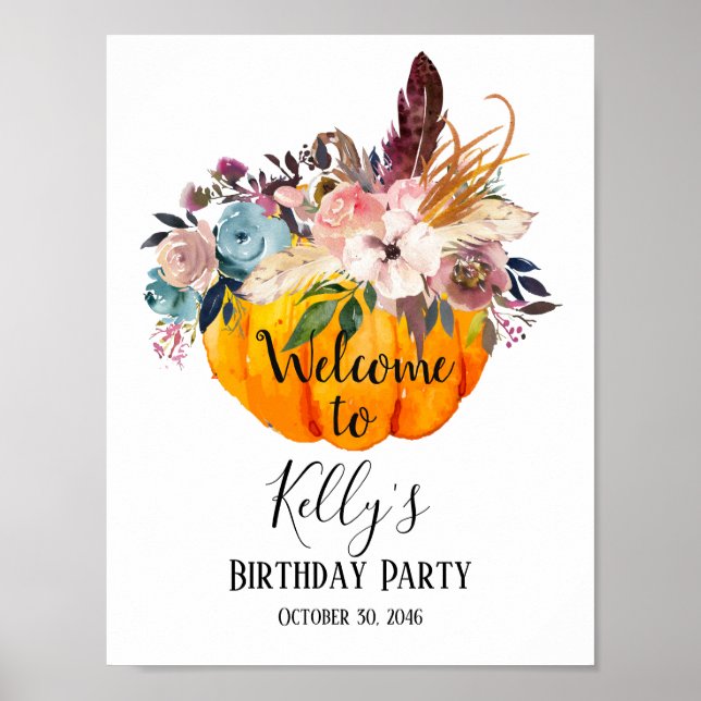 fall floral, fall party, pumpkin welcome sign (Front)