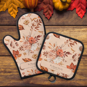 Fall floral family name personalized kitchen  oven mitt & pot holder set
