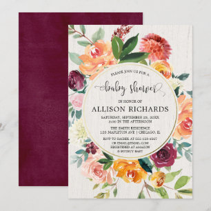 Fall floral gender neutral burgundy baby shower invitation