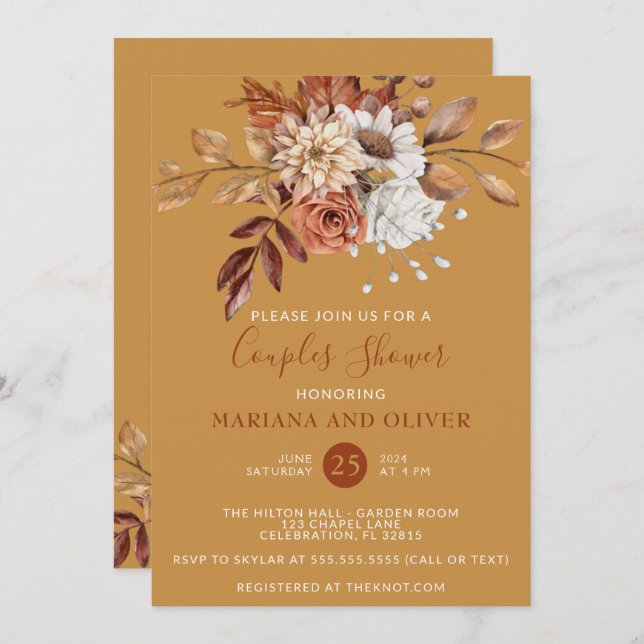 Fall Floral Gold Couples Shower Invitation (Front/Back)