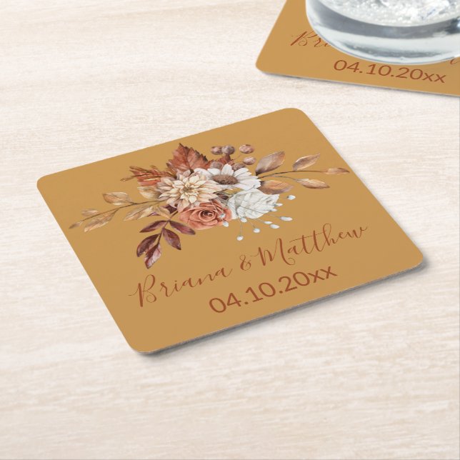 Fall Floral Gold Square Paper Coaster (Angled)