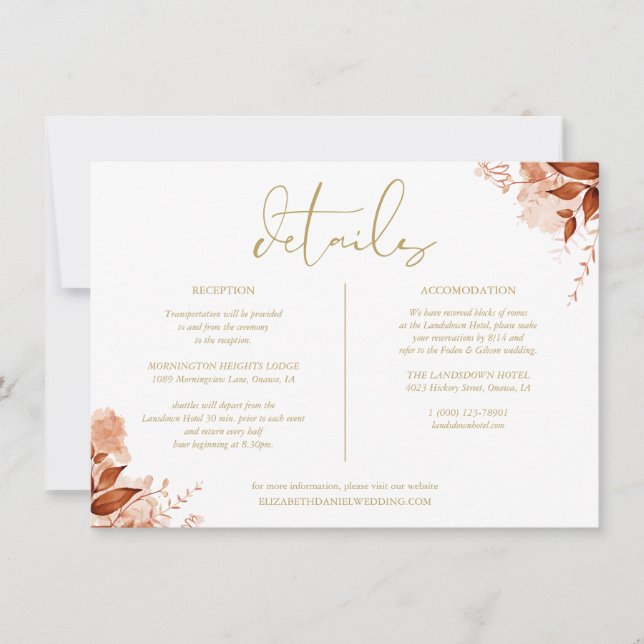 Fall Floral Gold Wedding Details Information Invitation (Front)