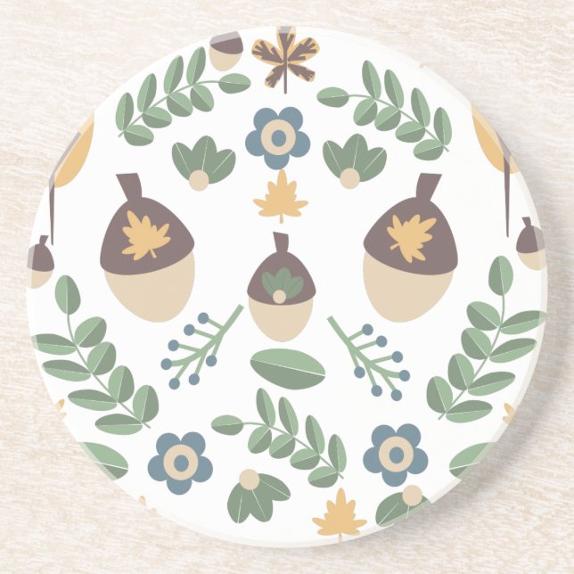 Fall Floral Greenery Leaves Acorn Design Coaster (Front)