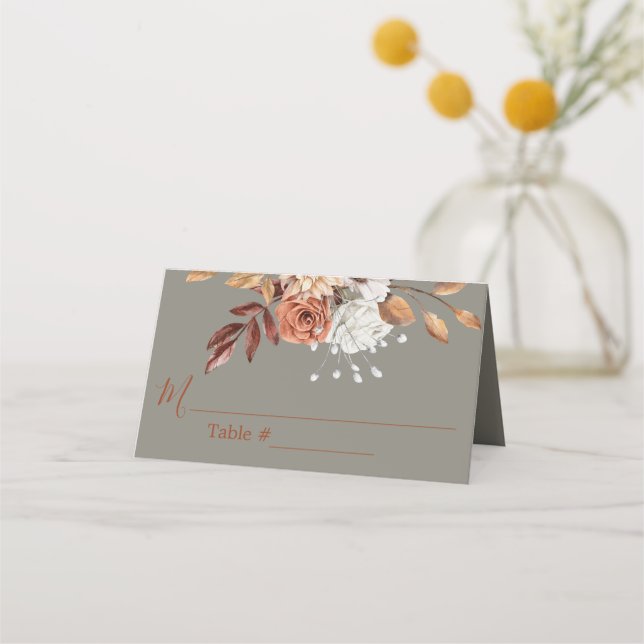Fall Floral Grey Wedding Place Card (Front)