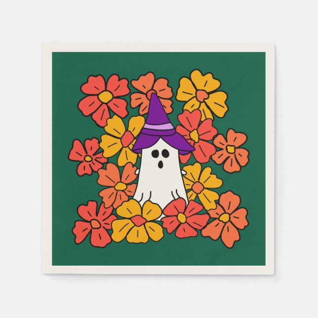 Fall Floral Halloween Ghost  Napkin (Front)