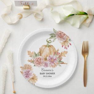Fall Floral Little Pumpkin on the Way Baby Shower Paper Plate