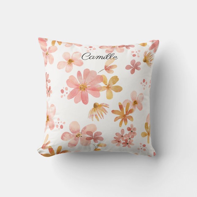 Fall floral name orange peach throw pillow (Front)