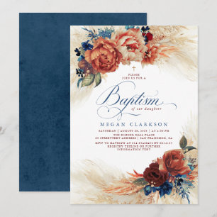 Fall Floral Navy Blue and Terracotta Baptism Invitation