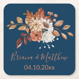 Fall Floral Navy Blue Square Paper Coaster