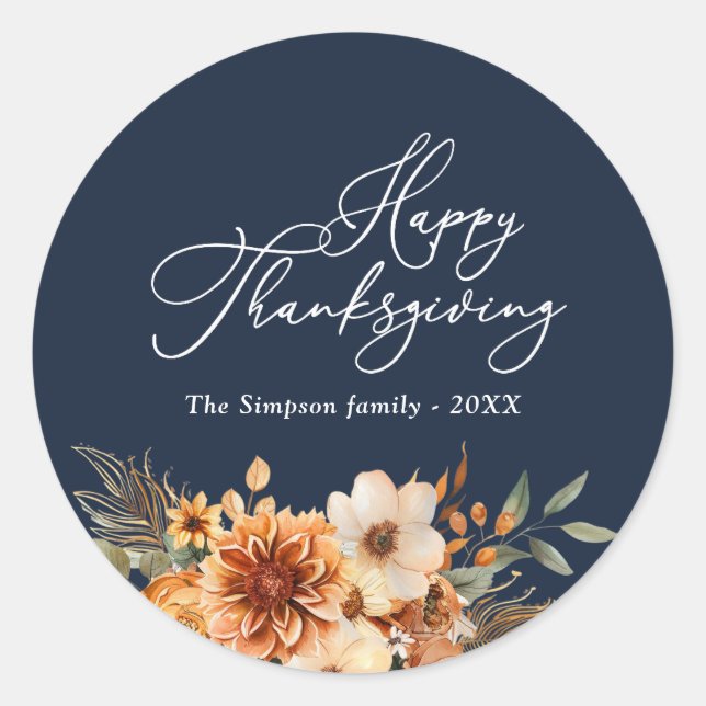 fall floral navy happy thanksgiving  classic round sticker (Front)