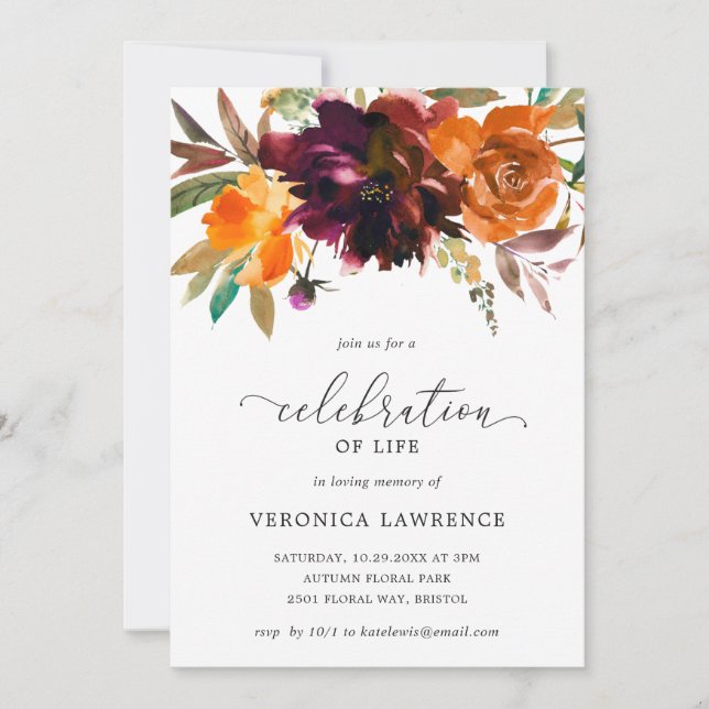 Fall Floral Orange Burgundy Celebration of Life Invitation (Front)