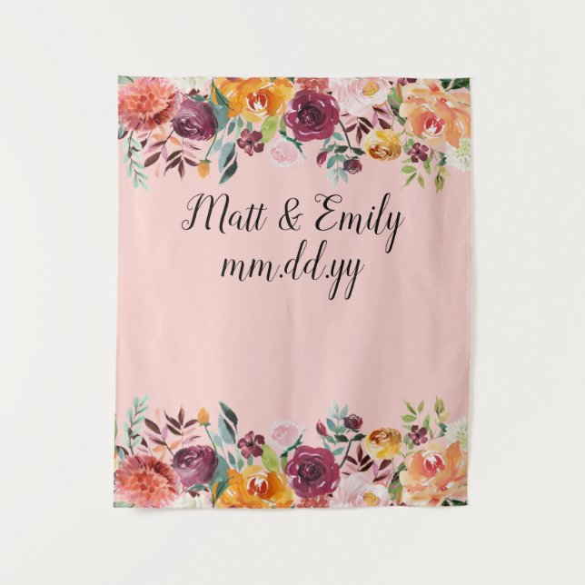 Fall Floral Photo Booth Prop Pink Wedding Backdrop Tapestry (Front)