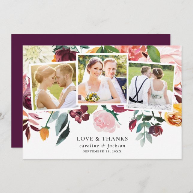 Fall Floral Photo Collage Wedding Thank You Card (Front/Back)