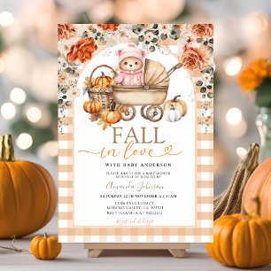 Fall Floral Pink Girl Gingham Bear Baby Shower Invitation