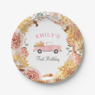 Fall Floral Pink Little PUMPKIN GIRL Birthday Paper Plate