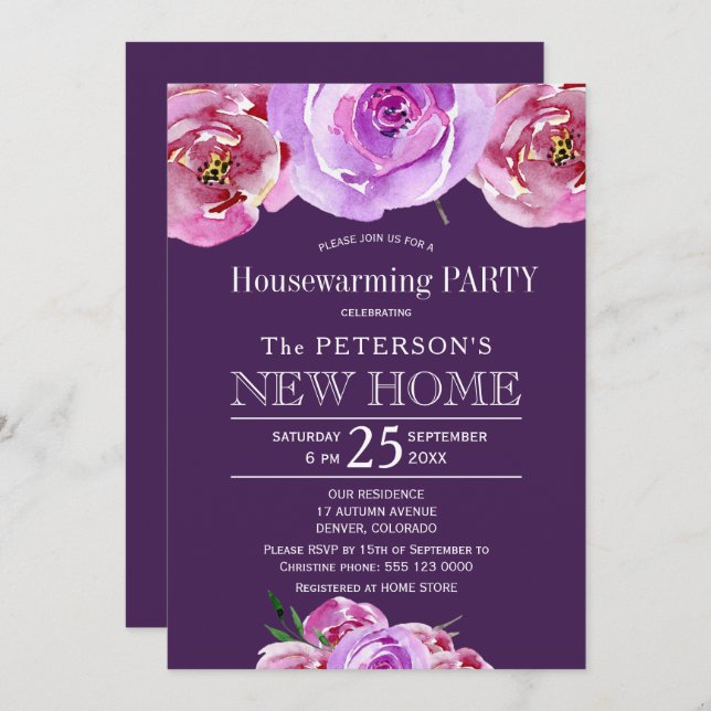 Fall floral plum blush peonies housewarming party invitation (Front/Back)