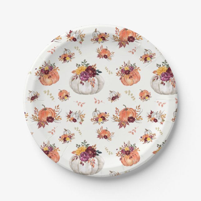 Fall floral pumpkin and leaves print paper plate (Front)