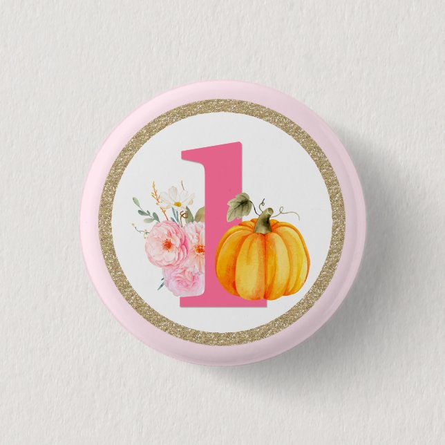 Fall Floral Pumpkin Baby Girl's 1st Birthday ONE 1 Inch Round Button (Front)