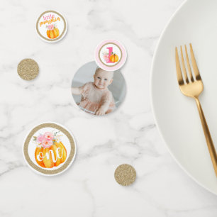 Fall Floral Pumpkin Baby Girl's 1st Birthday Photo Confetti