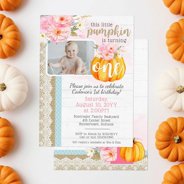 Fall Floral Pumpkin Baby Girl's 1st Birthday Photo Invitation (Creator Uploaded)