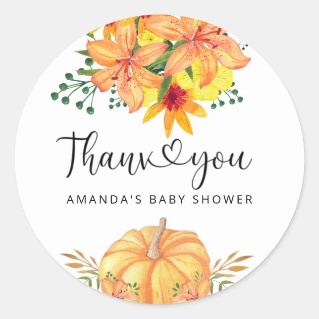 Fall floral pumpkin baby shower thank you  classic round sticker (Front)
