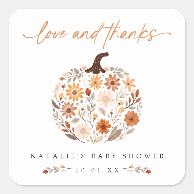 Fall Floral Pumpkin Baby Shower Thank You Square Sticker (Front)
