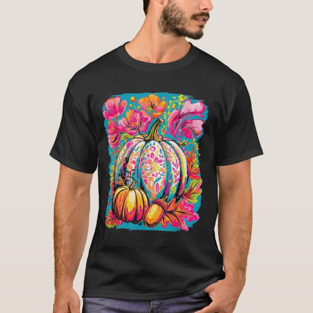 Fall Floral Pumpkin,boho Floral Fall,girly Autumn  T-Shirt (Front)