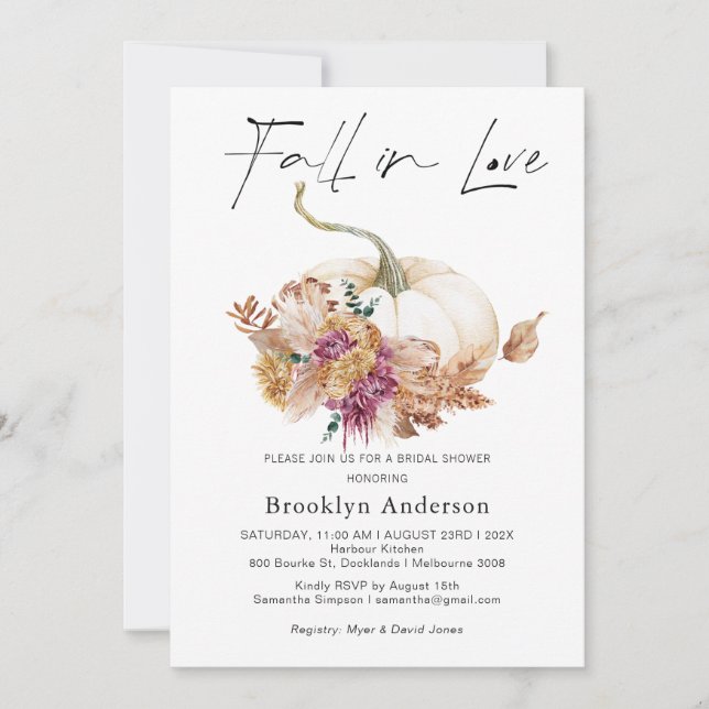 Fall Floral Pumpkin Fall In Love Bridal Shower Inv Invitation (Front)