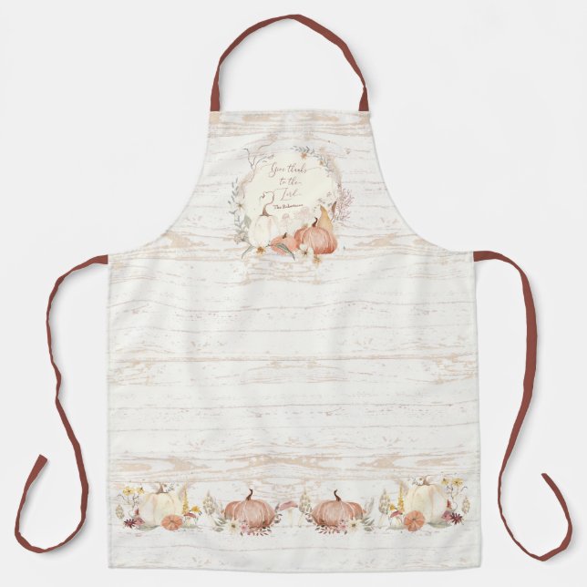 Fall Floral Pumpkin Mushroom Give Thanks Lord Name Apron (Front)