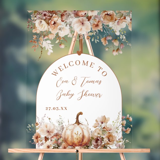 Fall Floral Pumpkin Neutral Baby Shower Welcome Acrylic Sign (Neutral)