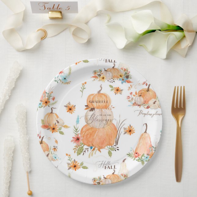 Fall Floral Pumpkin Sunflower Harvest Thanksgiving Paper Plate (Wedding)