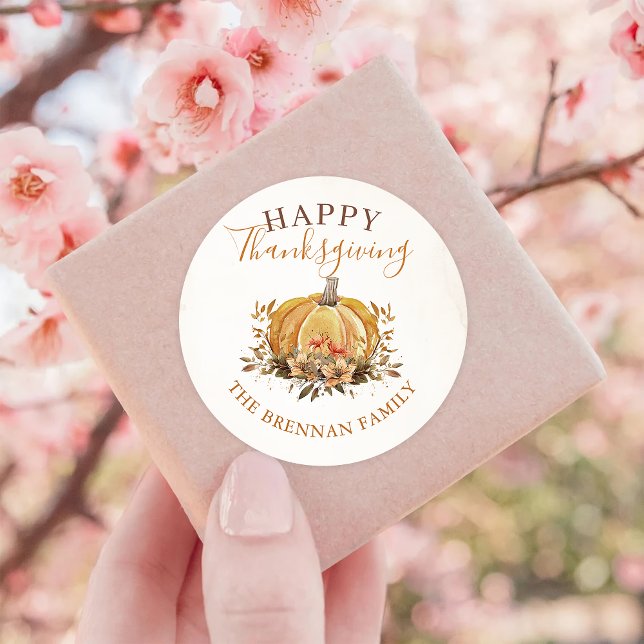 Fall Floral Pumpkin Thanksgiving Classic Round Sticker (Creator Uploaded)