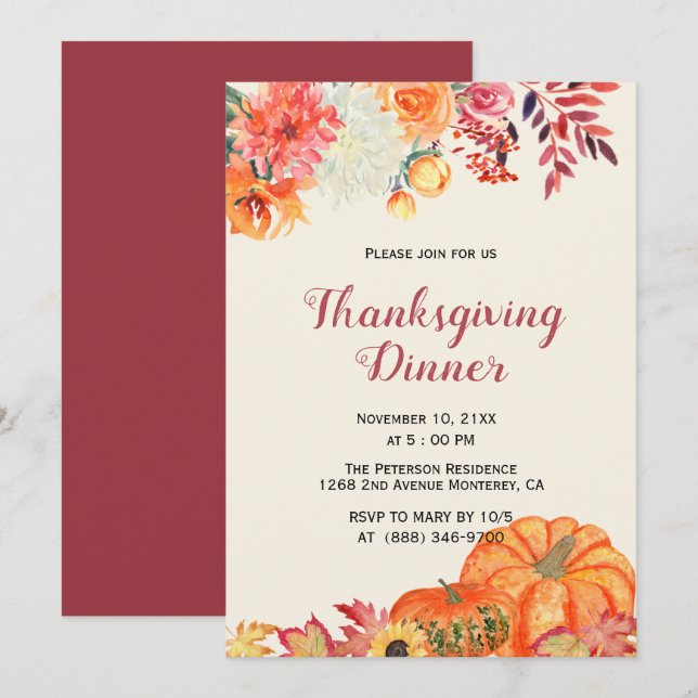 Fall Floral Pumpkin Thanksgiving Invitations (Front/Back)