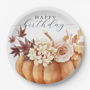 Fall Floral Pumpkin Woman Happy Birthday Paper Plate